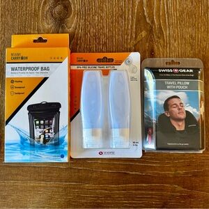 NWT 1 bundle of 3 travel accessories: neck pillow, phone case, toiletry bottles